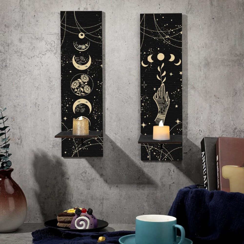 Set of 2 Boho Wooden Candle Holders – Sun & Moon Phase Wall Sconces, 14"x3.9" Go